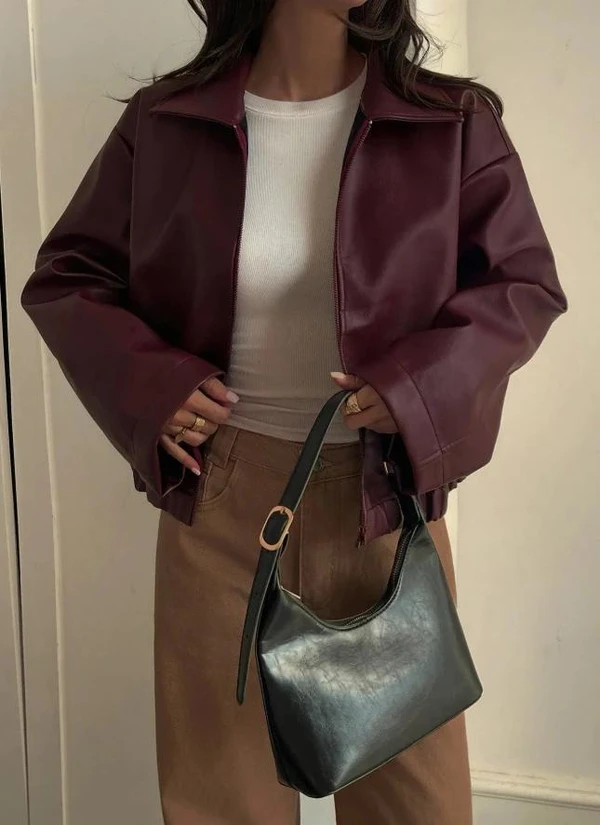 (PAGUE 1, LEVE 2)Jaqueta Casual Solta de Couro Sintético Feminina, Ajuste Regular, Outono/Inverno