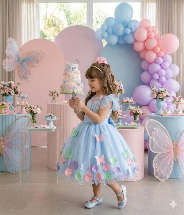 Vestido Luxo Bordado com Aplicações - Jardim Encantado Azul