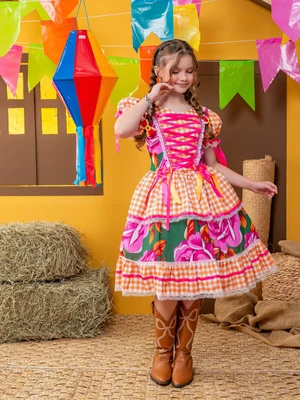 Vestido Junino – Xadrez Com Rosas e Laço -  Laranja C/Rosa