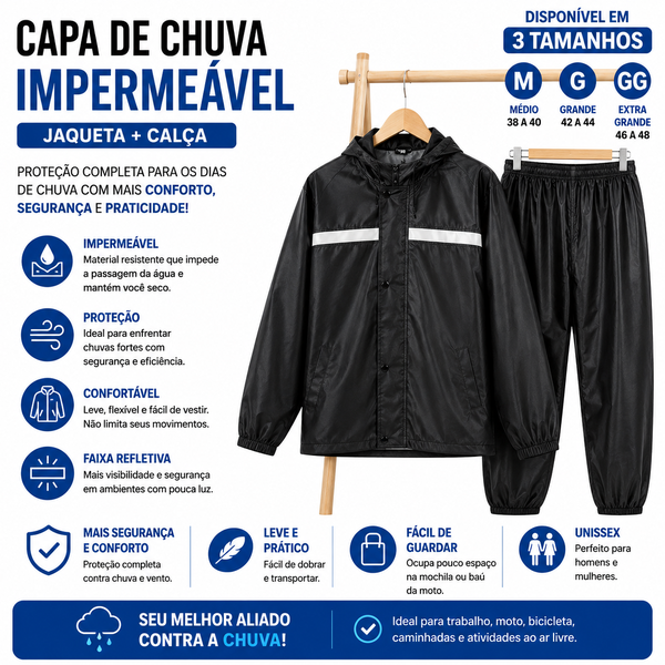 Capa de Chuva Impermeável Motoqueiro Com Touca E Viseira - G