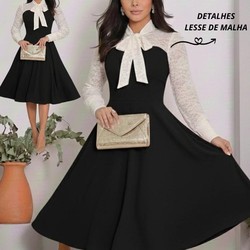 Vestido Feminino Casual Elegante Crepe Malha Detalhe Malha Lesse Moda Evangélica Social Festa 38ao54