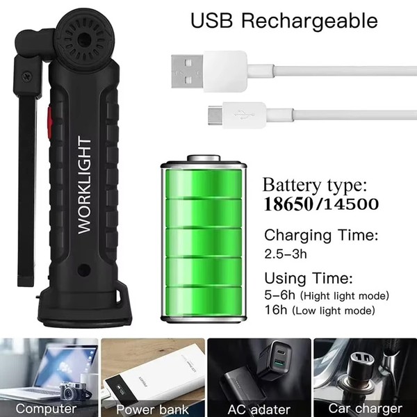 1pc cob led luz de trabalho regulável usb recarregável lanterna led lâmpada inspeção com ímã & gancho 14500/18650 bateria tocha luz