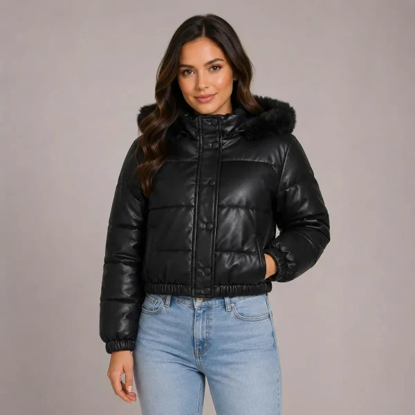 Jaqueta Puffer Feminina De Couro Forrada com Pelinho