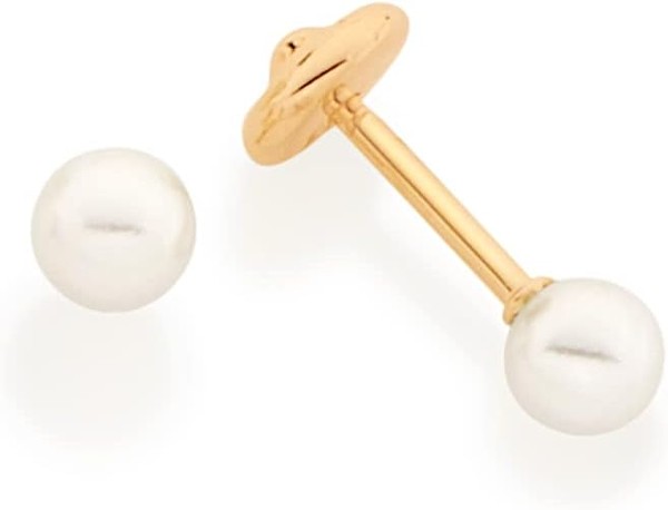 Brinco Rommanel 520190 Banhado Ouro Pérola 4 Mm Tarraxa Baby Cor Dourado