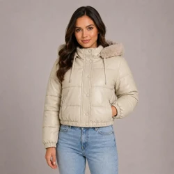 Jaqueta Puffer Feminina De Couro Forrada com Pelinho