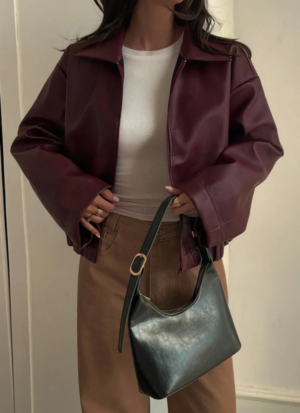 Velour Jaqueta Casual Solta de Couro Sintético Feminina, Ajuste Regular, Outono/Inverno