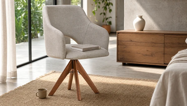 Poltrona Parma Giratória Linho Off White e Castanho