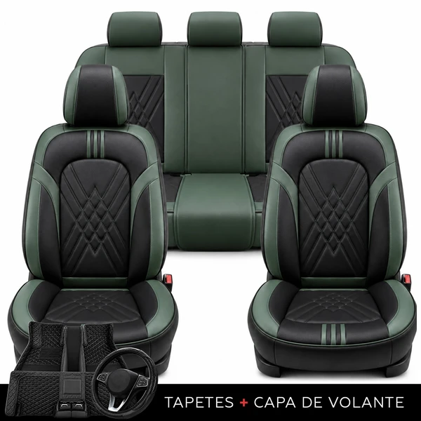 Kit Completo de Capas para Banco de Carro Averon em Couro Legítimo Universal 5 Lugares Com Airbag + Tapetes e Capa de Volante