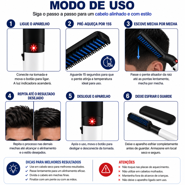 Pente Alisador de Cabelo e Barba Masculino Elétrico Bivolt