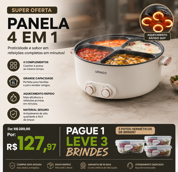 [Oferta Especial] Panela Multifuncional 4 em 1 + 3 BRINDES de potes