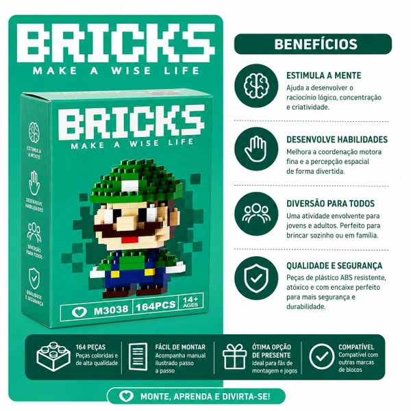 Mini Blocos de Montar Luigi Pixelado Colecionável - 164 Peça