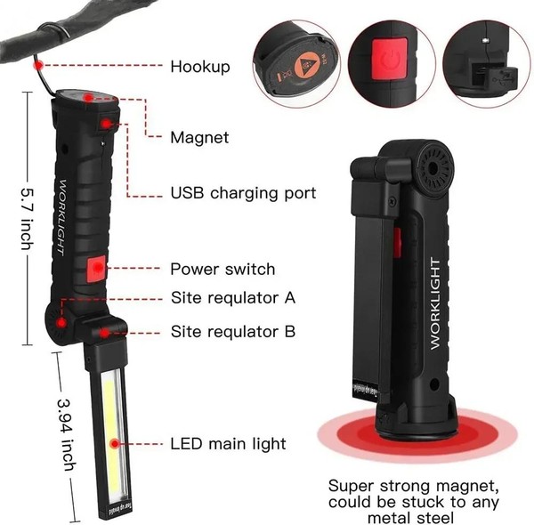1pc cob led luz de trabalho regulável usb recarregável lanterna led lâmpada inspeção com ímã & gancho 14500/18650 bateria tocha luz