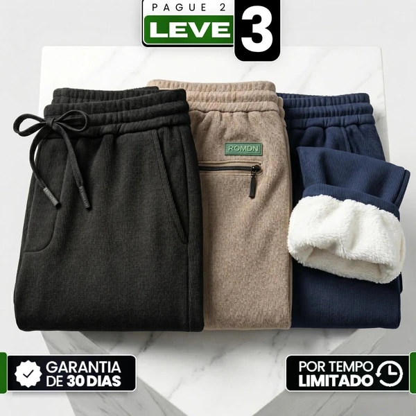 [Leve 3, Pague Só 2!] Calça Kodiak Masculina em Malha Canelada de Alta Densidade e Forro de Pelúcia Densa de Blindagem Térmica com Bolsos em Zíper