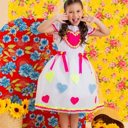 Vestido Junino Novinha com Véu - Branco Com Corações  