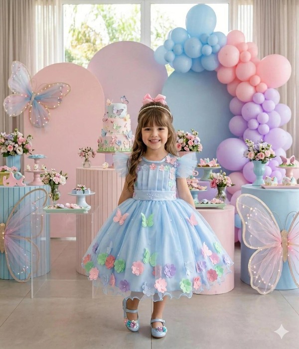Vestido Luxo Bordado com Aplicações - Jardim Encantado Azul