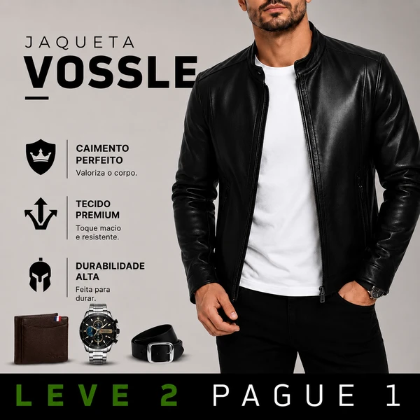 [LEVE 2 PAGUE 1] Jaqueta Masculina Vossler em Couro Legítimo Premium +BRINDES: Relógio, Cinto e Carteira