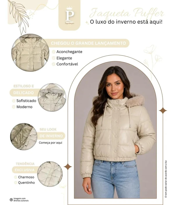 Jaqueta Puffer Feminina De Couro Forrada com Pelinho