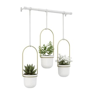 Conjunto com 3 Vasos Cachepot Suspensos Branco e Dourado