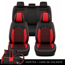 Kit Completo de Capas para Banco de Carro Reverse em Couro Legítimo Universal 5 Lugares Com Airbag + Tapetes e Capa de Volante