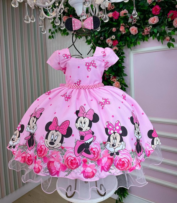 Vestido Temático Luxo Estampado - Minnie Mouse Laço