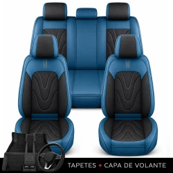 Kit Completo de Capas para Banco de Carro Aureon em Couro Legítimo Universal 5 Lugares Com Airbag + Tapetes e Capa de Volante