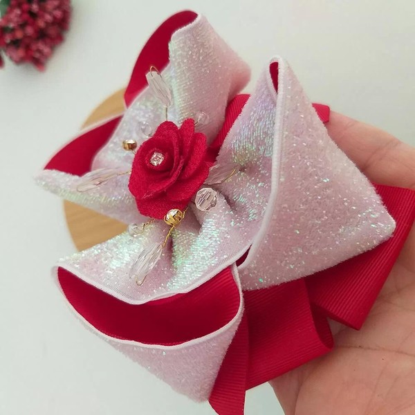 Laço de Cabelo Vermelho - Luxo com pontos de Cristais
