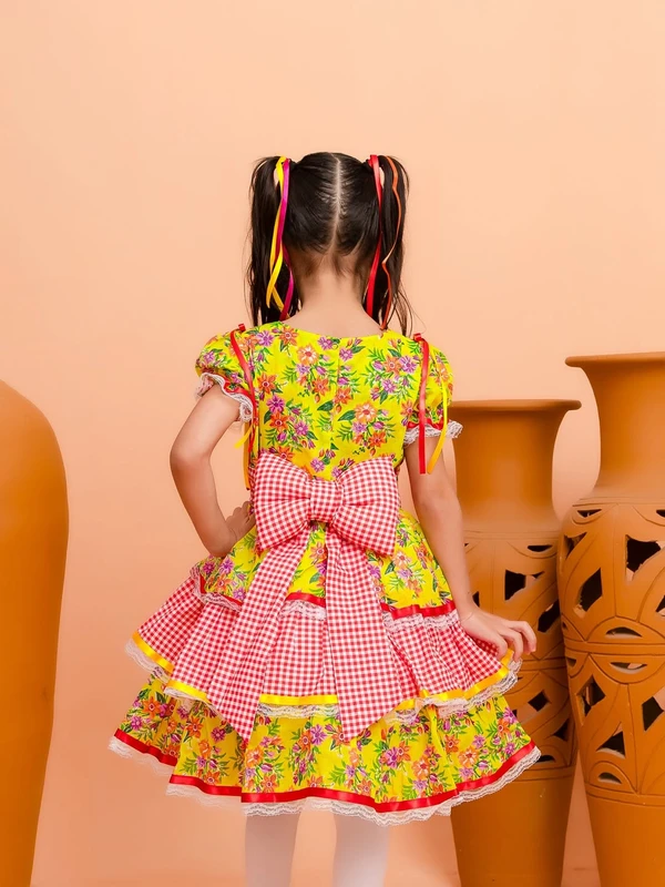 Vestido Junino - Xadrez Florido - Amarelo C/Vermelho