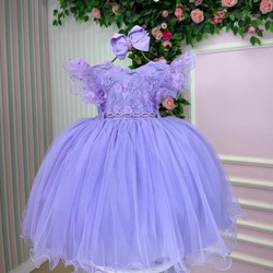 Vestido Luxo Bordado com Borboletas - Lavanda