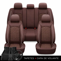 Kit Completo de Capas para Banco de Carro Turbo em Couro Legítimo Universal 5 Lugares Com Airbag + Tapetes e Capa de Volante