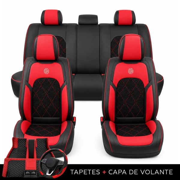Kit Completo de Capas para Banco de Carro Evurion em Couro Legítimo Universal 5 Lugares Com Airbag + Tapetes e Capa de Volante
