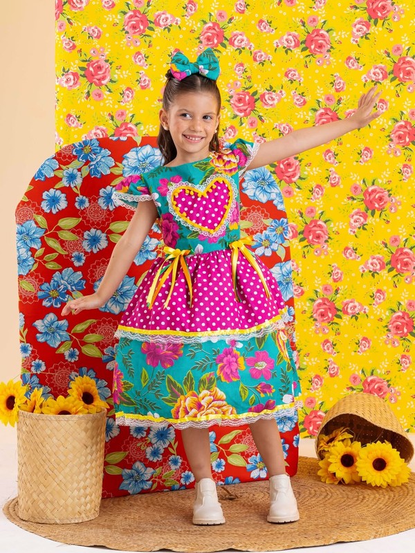 Vestido Junino – Xadrez Com Rosas e Laço - Verde C/Rosa 