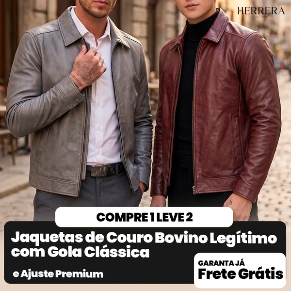 [Compre 1 e Leve 2] Jaquetas de Couro Bovino Legítimo com Gola Clássica e Ajuste Premium