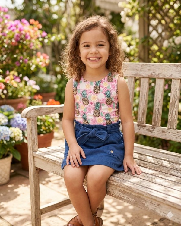  6842 CONJUNTO SUMMER  ABACAXI BODY E SAIA  JEANS TIME KIDS