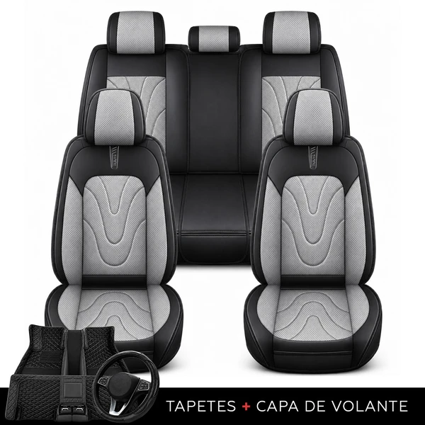 Kit Completo de Capas para Banco de Carro Aureon em Couro Legítimo Universal 5 Lugares Com Airbag + Tapetes e Capa de Volante