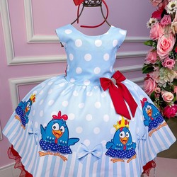 Vestido Temático - Galinha Pintadinha - Azul C/Vermelho 