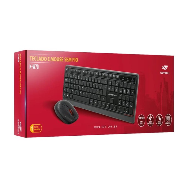 Kit Teclado Com Mouse Sem Fio K-W70BK Preto C3Tech