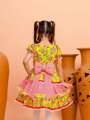 Vestido Junino - Xadrez Florido - Amarelo C/Vermelho