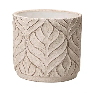 Vaso Cachepot em Cimento Detalhes Folhas Branco 17cm