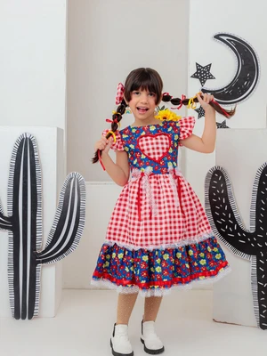 Vestido Junino - Xadrez Floral Com Coração Bordado 