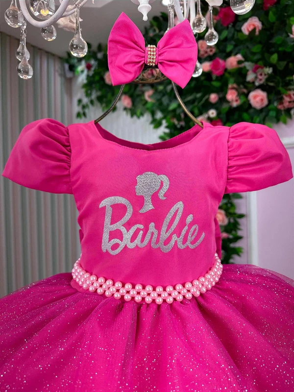 Vestido Temático Luxo - Barbie Rosa Pink Glitter 
