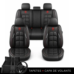 Kit Completo de Capas para Banco de Carro Velox  em Couro Legítimo Universal 5 Lugares Com Airbag + Tapetes e Capa de Volante