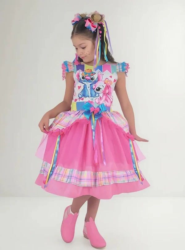 Vestido Stitch e Lilo Festa Junina Xadrez Rosa Quadrilha