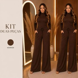 Conjunto Feminino Inverno Calça Pantalona e Blusa Manga Longa Elegante