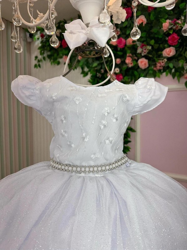 Vestido Luxo Manga Princesa - Branco Bordado 