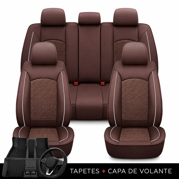 Kit Completo de Capas para Banco de Carro Turbo em Couro Legítimo Universal 5 Lugares Com Airbag + Tapetes e Capa de Volante