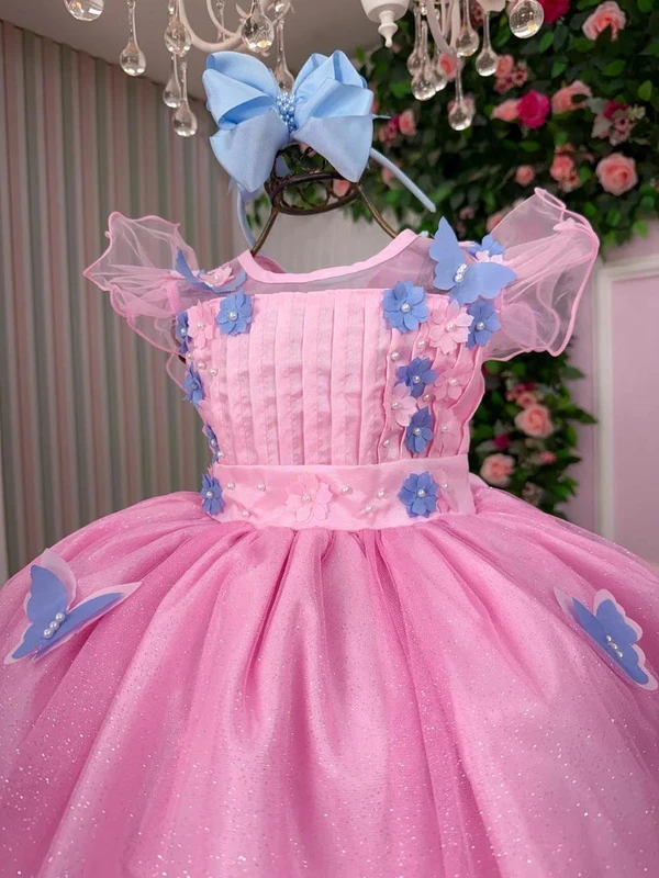 Vestido Fantasia Luxo – Jardim Encantado - Rosa C/Borboletas Azuis 
