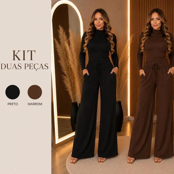 Conjunto Feminino Inverno Calça Pantalona e Blusa Manga Longa Elegante
