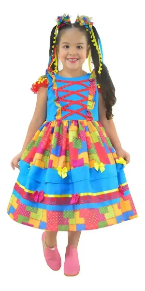 Vestido Junino Azul E Estampa Com Efeito Retalho Luxuoso