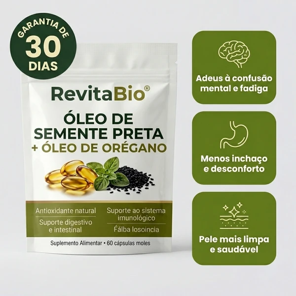 RevitaBio® — Óleo de Orégano 6.000mg + Semente Negra | Desincha, Fortalece a Imunidade e Restaura o Intestino