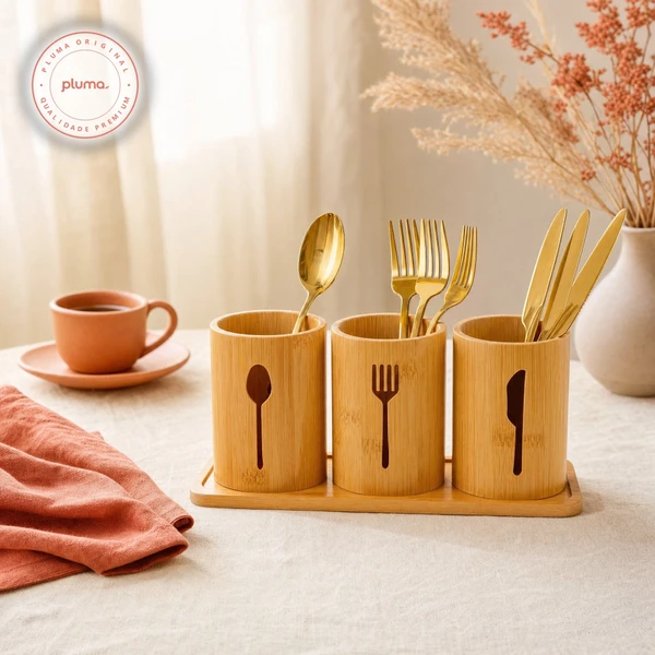 Kit Porta Talheres Bambu 3 Peças